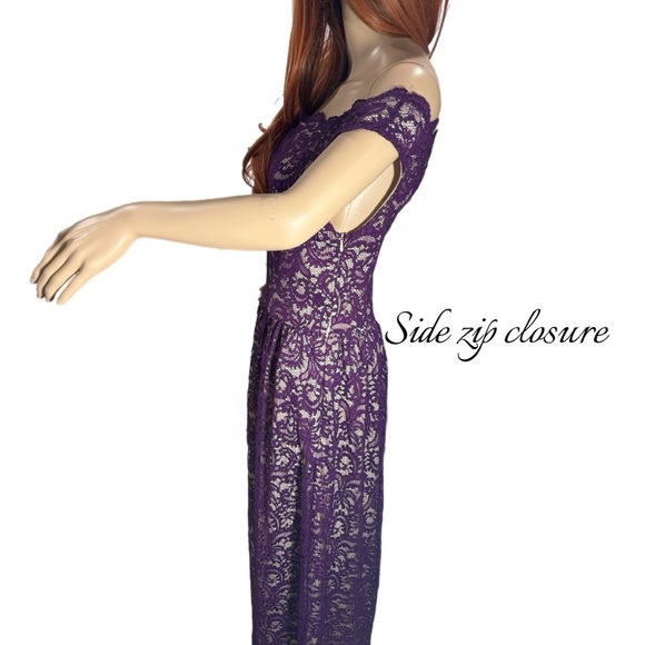 Yellow Star Womens Plum Lace Nude Maxi Off Shoulder Dress Size M USA MADE - Picture 8 of 14